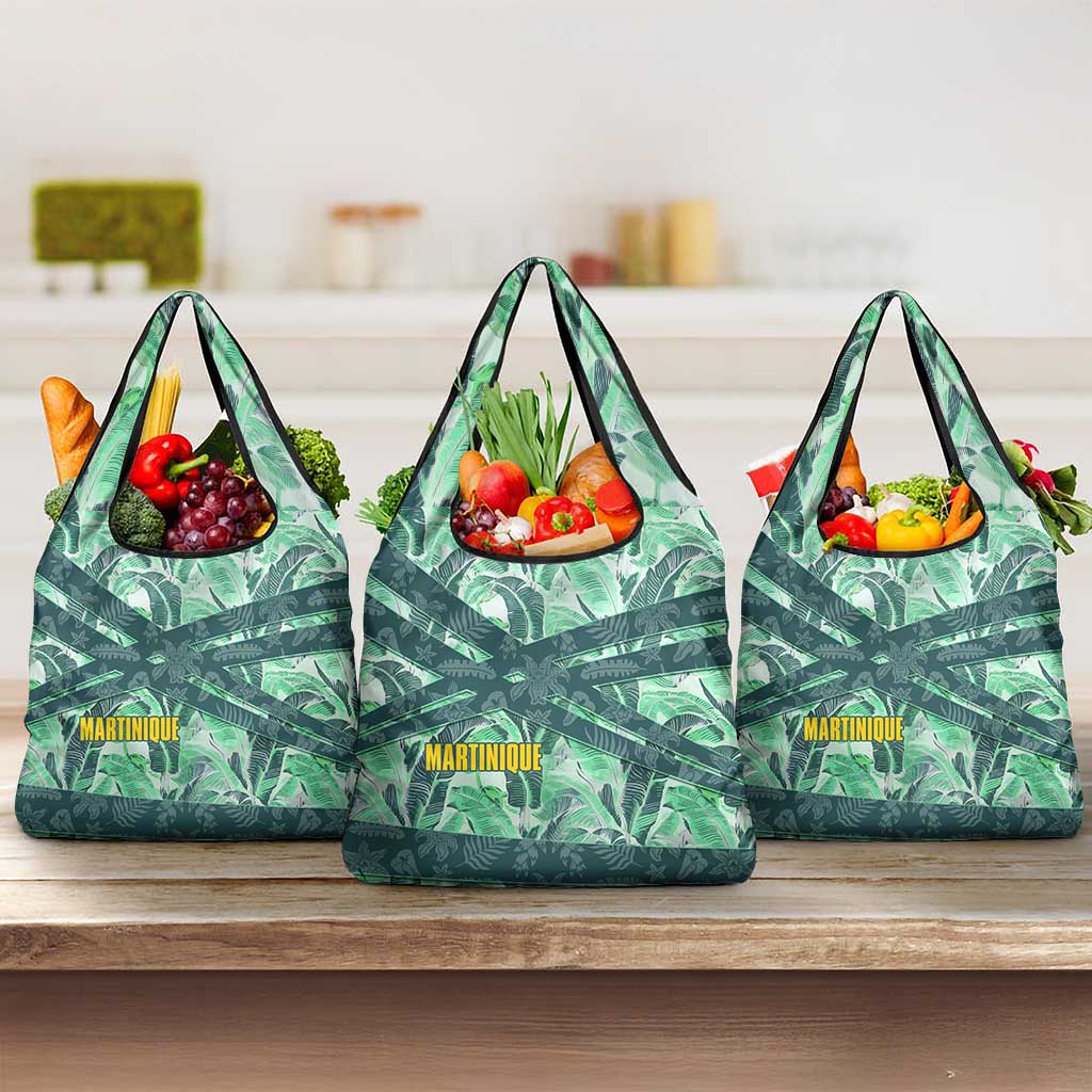 Martinique Pride Grocery Bag with Green Banana Leaf Print and Flag Patch Accents