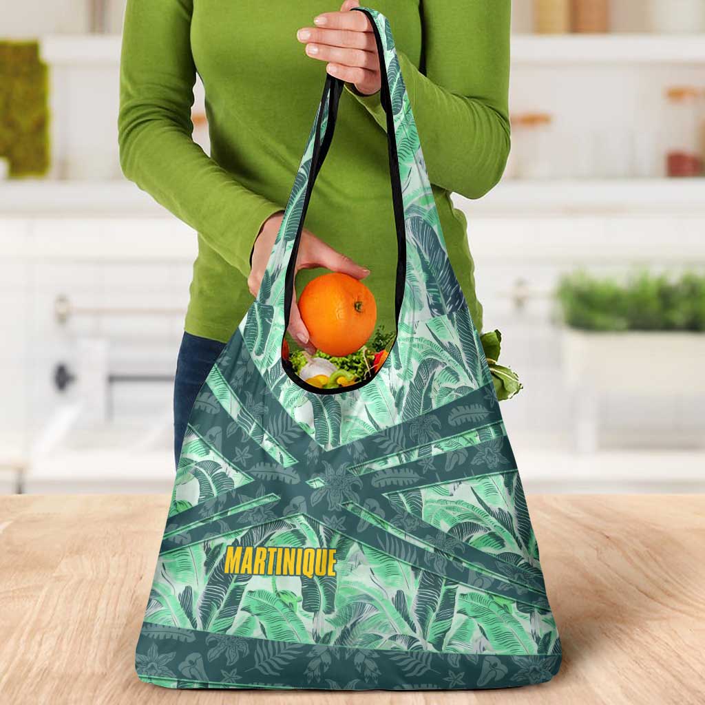 Martinique Pride Grocery Bag with Green Banana Leaf Print and Flag Patch Accents