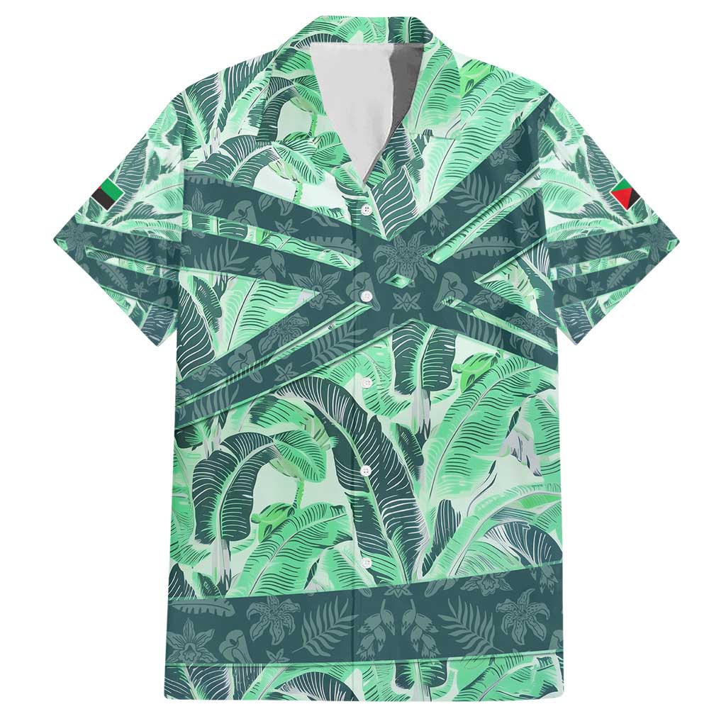 Martinique Pride Hawaiian Shirt with Green Banana Leaf Print and Flag Patch Accents