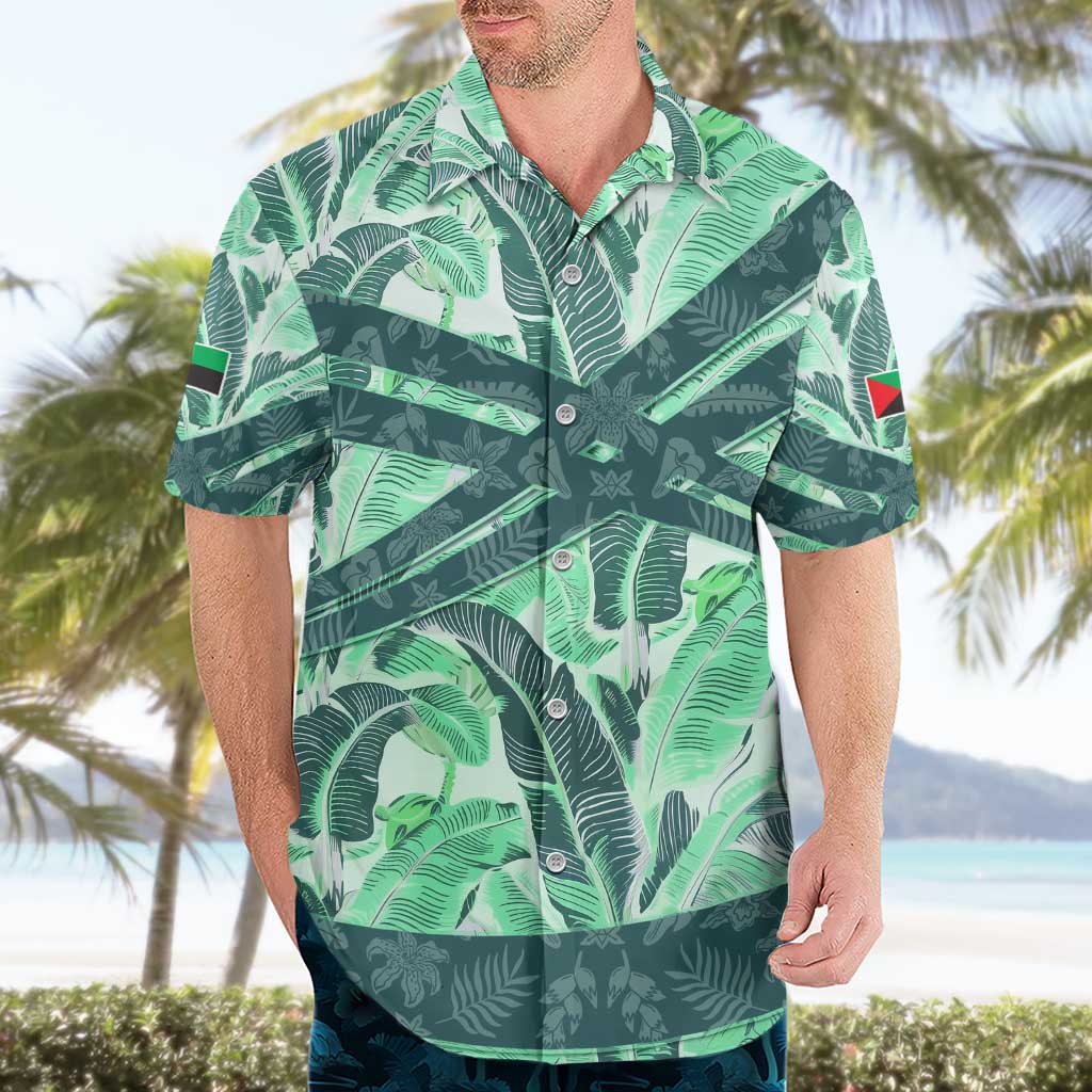 Martinique Pride Hawaiian Shirt with Green Banana Leaf Print and Flag Patch Accents