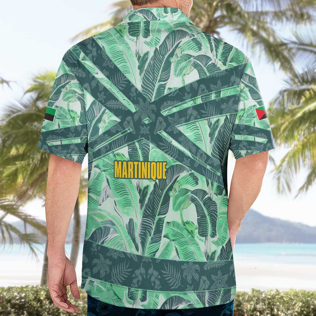 Martinique Pride Hawaiian Shirt with Green Banana Leaf Print and Flag Patch Accents