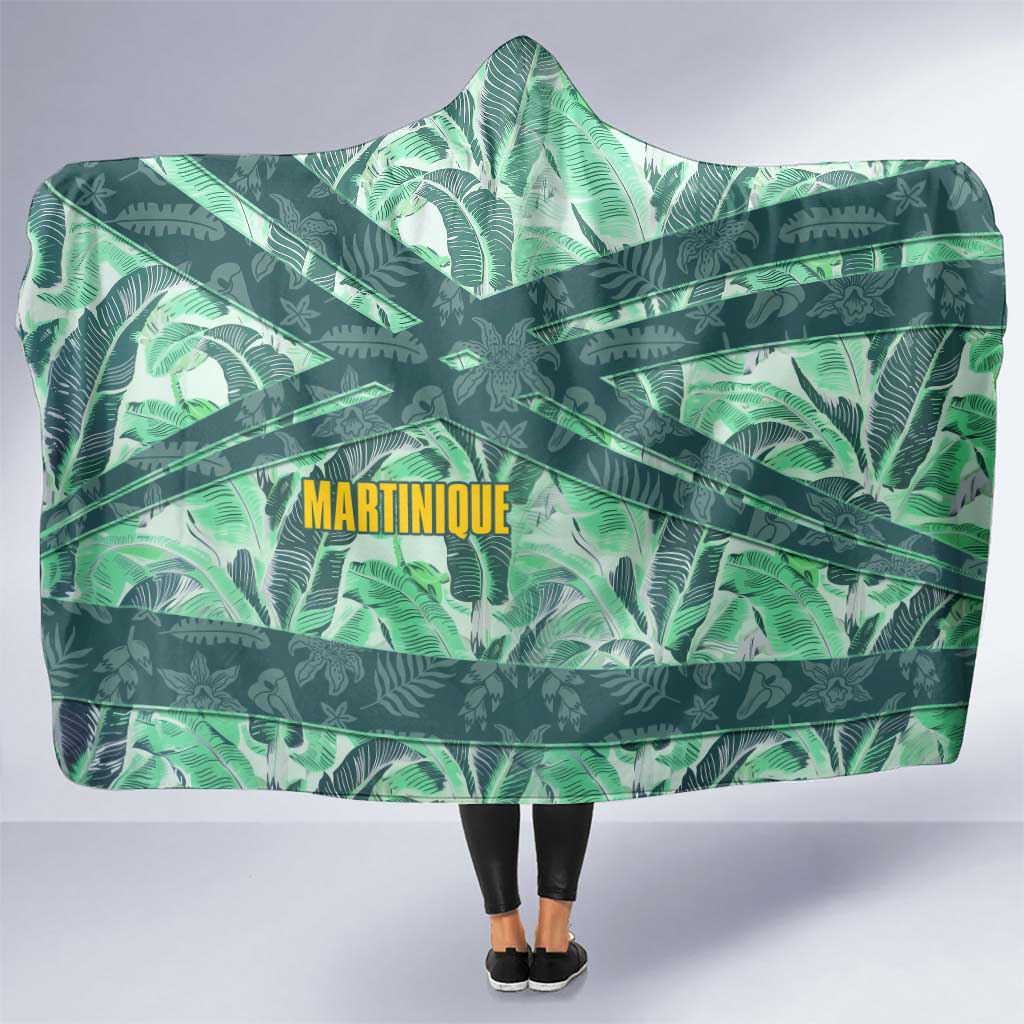 Martinique Pride Hooded Blanket with Green Banana Leaf Print and Flag Patch Accents