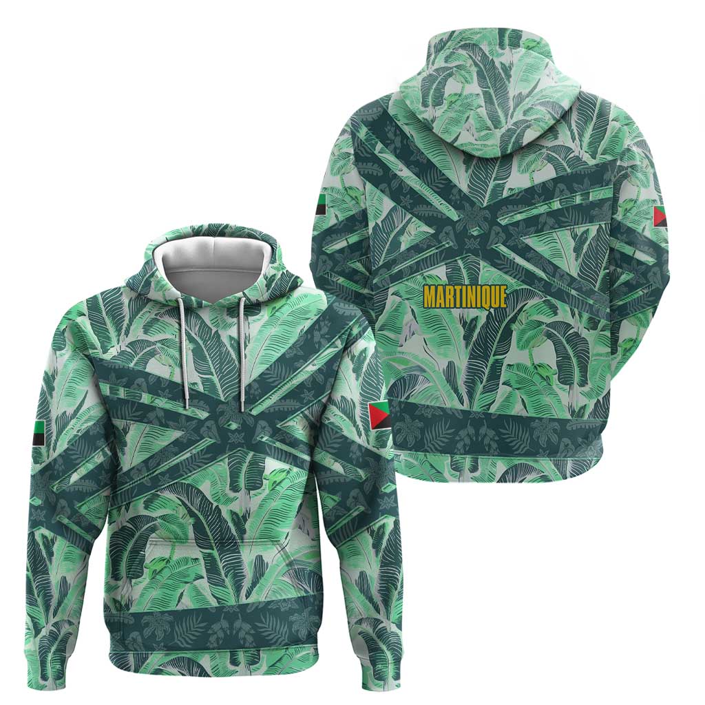 Martinique Pride Hoodie with Green Banana Leaf Print and Flag Patch Accents