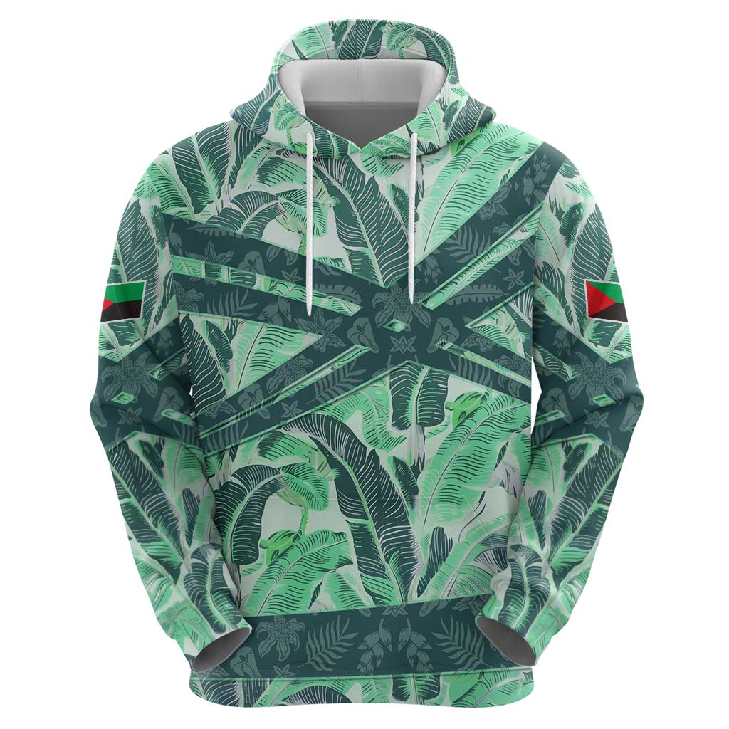 Martinique Pride Hoodie with Green Banana Leaf Print and Flag Patch Accents