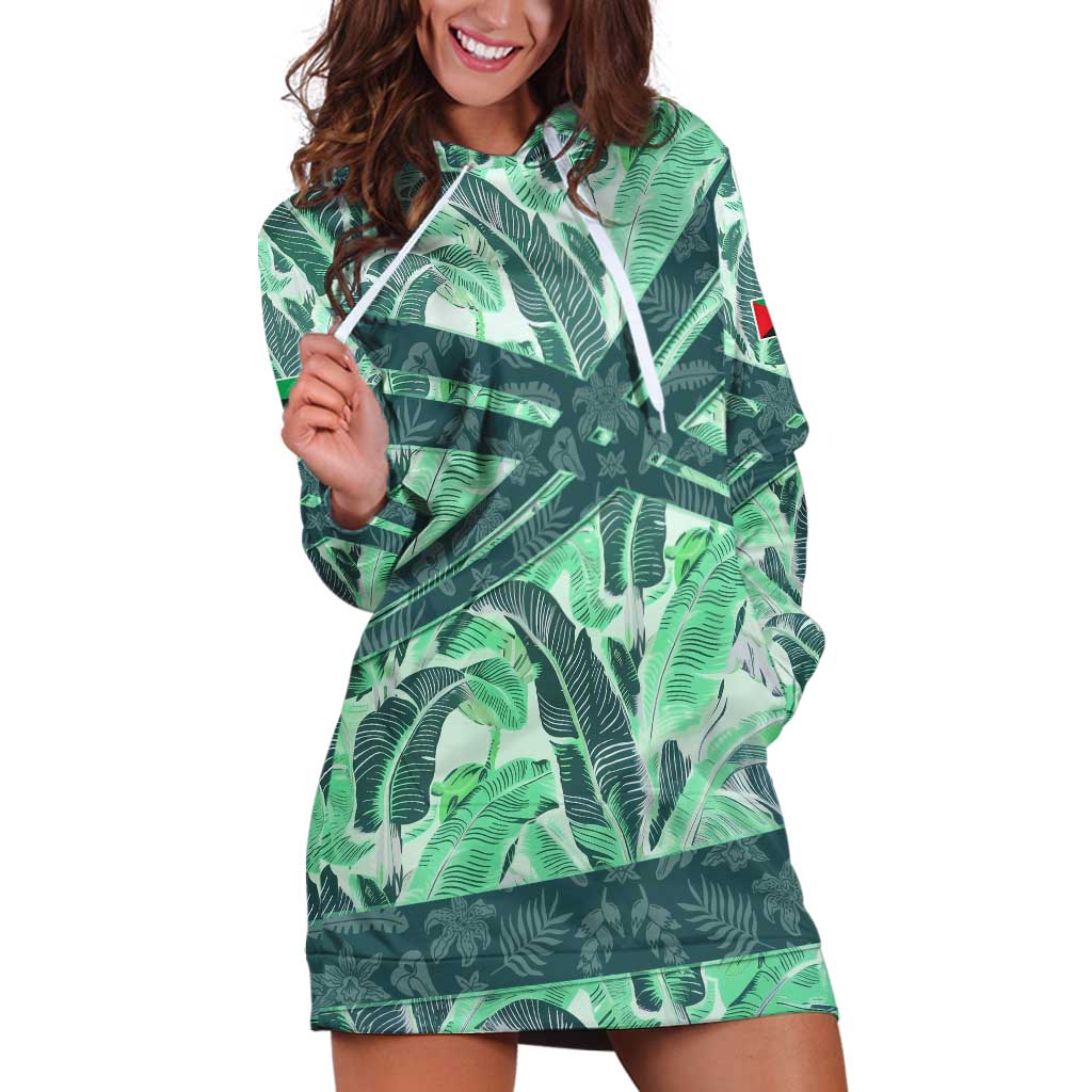 Martinique Pride Hoodie Dress with Green Banana Leaf Print and Flag Patch Accents