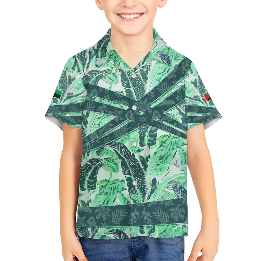 Martinique Pride Kid Hawaiian Shirt with Green Banana Leaf Print and Flag Patch Accents