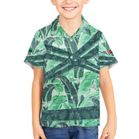 Martinique Pride Kid Hawaiian Shirt with Green Banana Leaf Print and Flag Patch Accents
