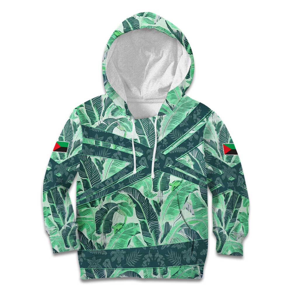 Martinique Pride Kid Hoodie with Green Banana Leaf Print and Flag Patch Accents