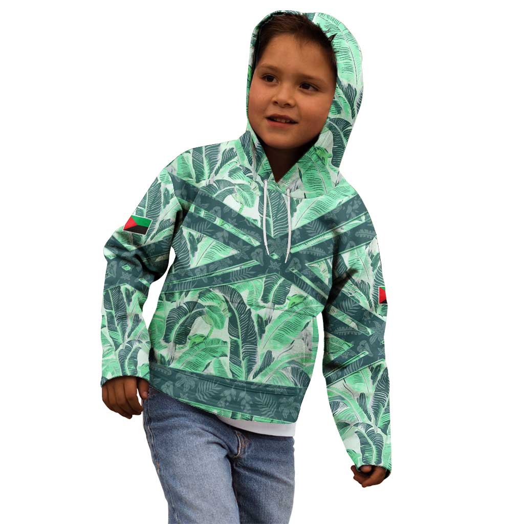 Martinique Pride Kid Hoodie with Green Banana Leaf Print and Flag Patch Accents