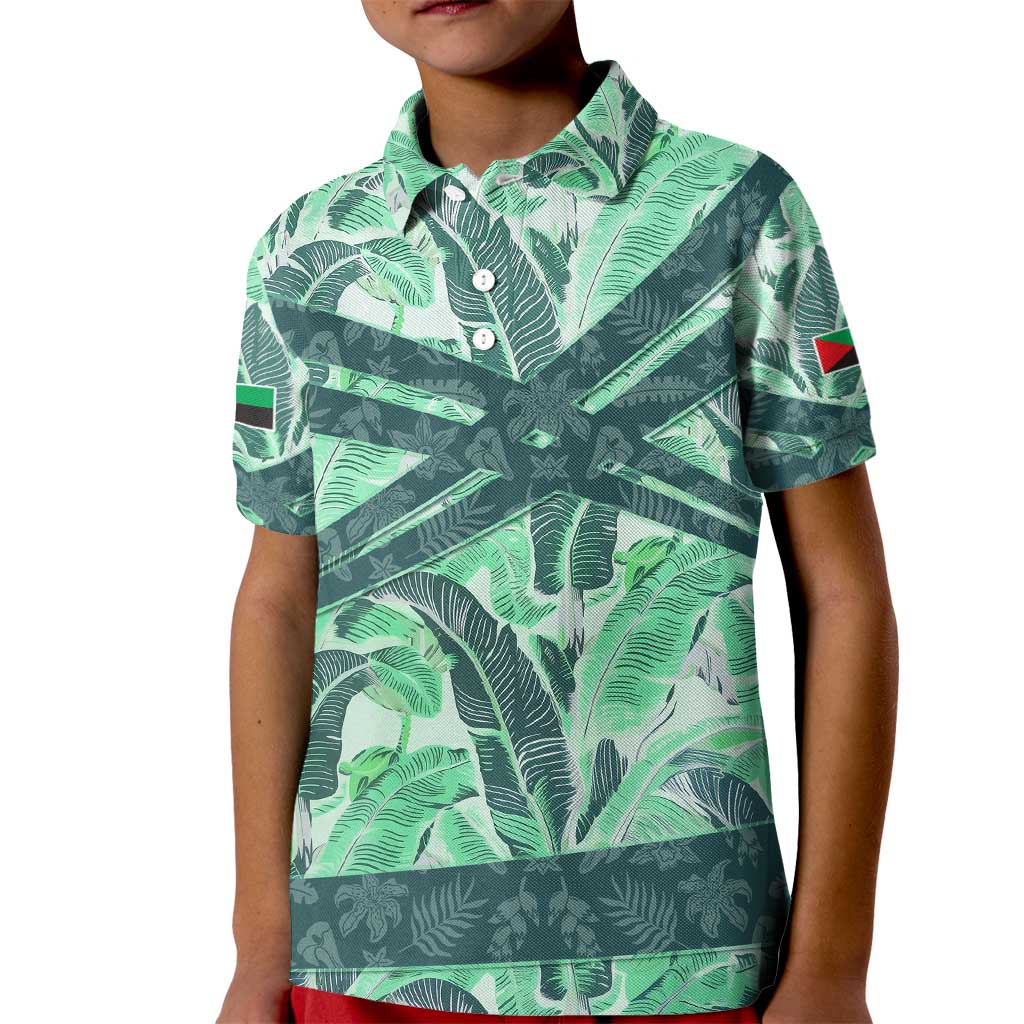 Martinique Pride Kid Polo Shirt with Green Banana Leaf Print and Flag Patch Accents