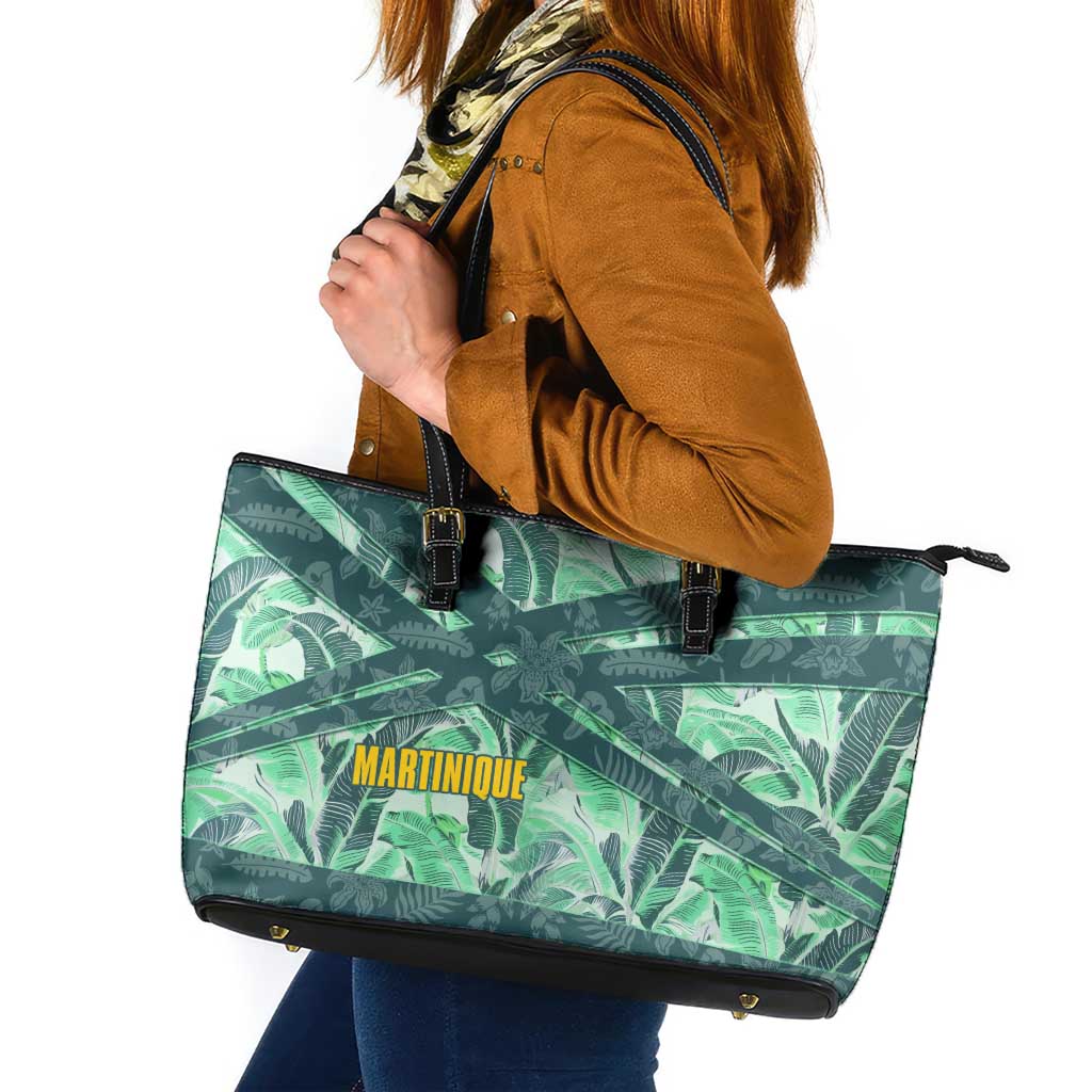 Martinique Pride Leather Tote Bag with Green Banana Leaf Print and Flag Patch Accents