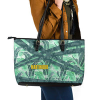 Martinique Pride Leather Tote Bag with Green Banana Leaf Print and Flag Patch Accents