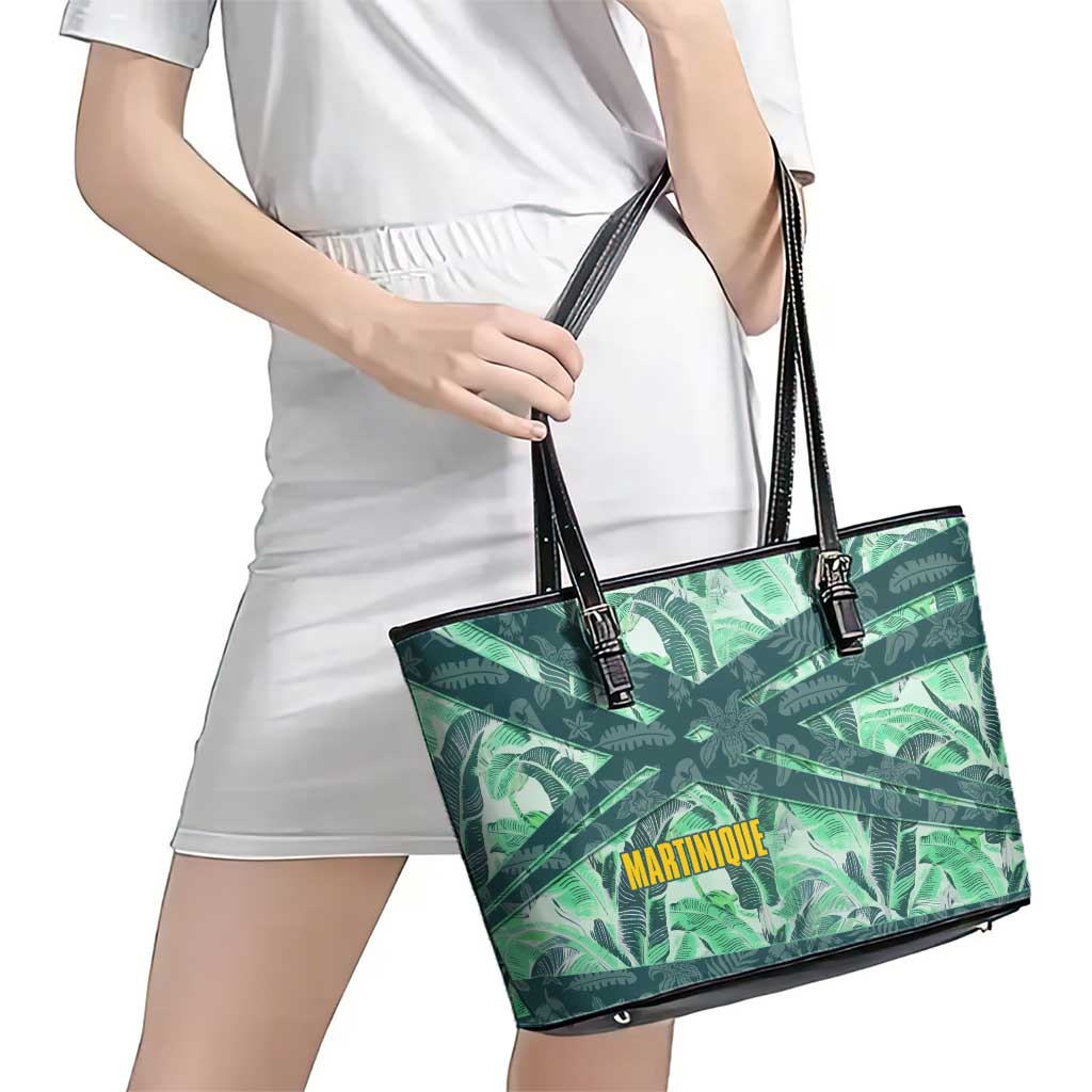 Martinique Pride Leather Tote Bag with Green Banana Leaf Print and Flag Patch Accents