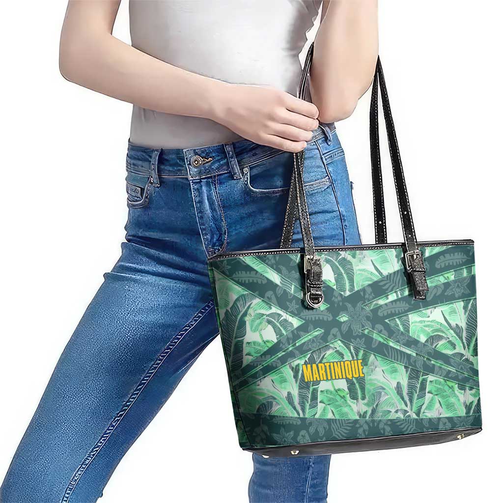 Martinique Pride Leather Tote Bag with Green Banana Leaf Print and Flag Patch Accents