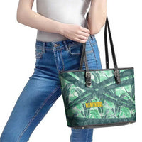 Martinique Pride Leather Tote Bag with Green Banana Leaf Print and Flag Patch Accents