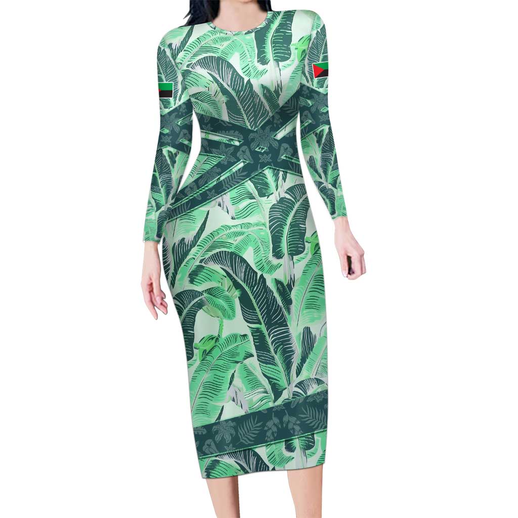 Martinique Pride Long Sleeve Bodycon Dress with Green Banana Leaf Print and Flag Patch Accents