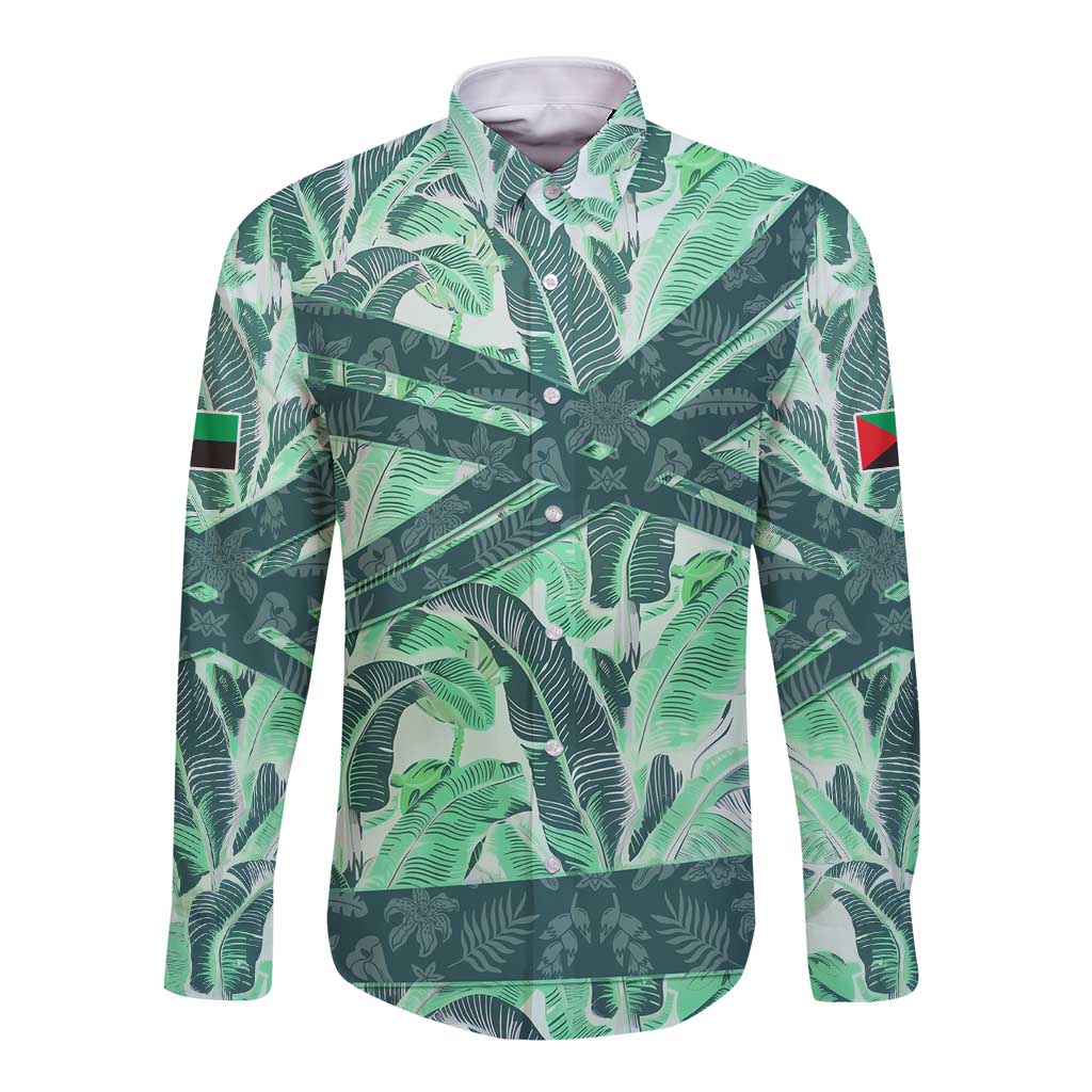 Martinique Pride Long Sleeve Button Shirt with Green Banana Leaf Print and Flag Patch Accents