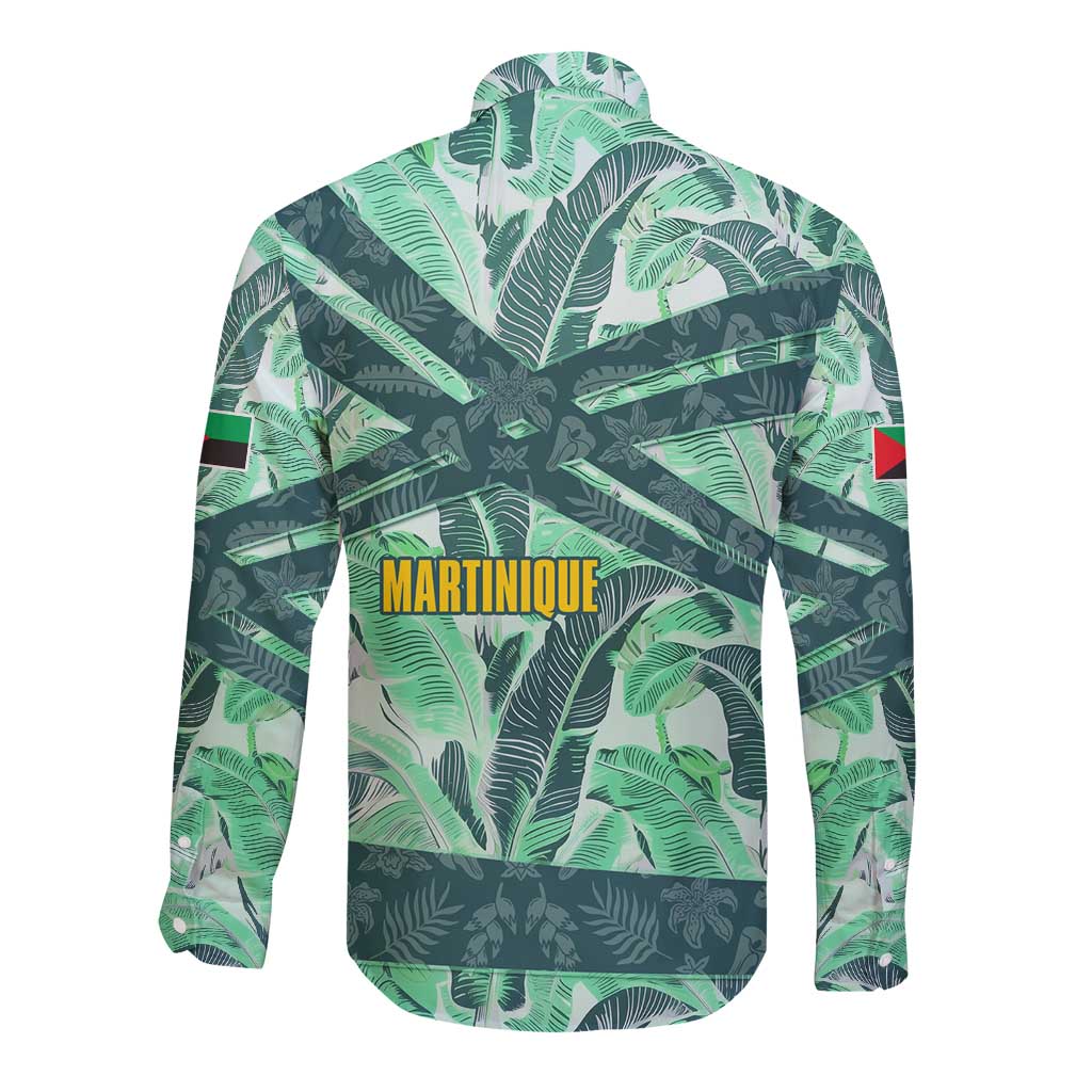 Martinique Pride Long Sleeve Button Shirt with Green Banana Leaf Print and Flag Patch Accents