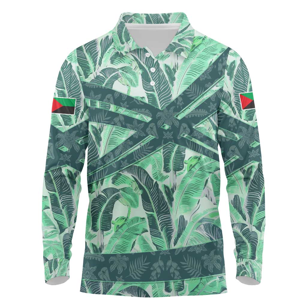 Martinique Pride Long Sleeve Polo Shirt with Green Banana Leaf Print and Flag Patch Accents