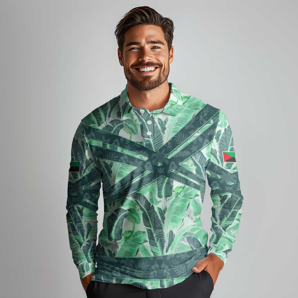 Martinique Pride Long Sleeve Polo Shirt with Green Banana Leaf Print and Flag Patch Accents