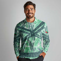 Martinique Pride Long Sleeve Polo Shirt with Green Banana Leaf Print and Flag Patch Accents