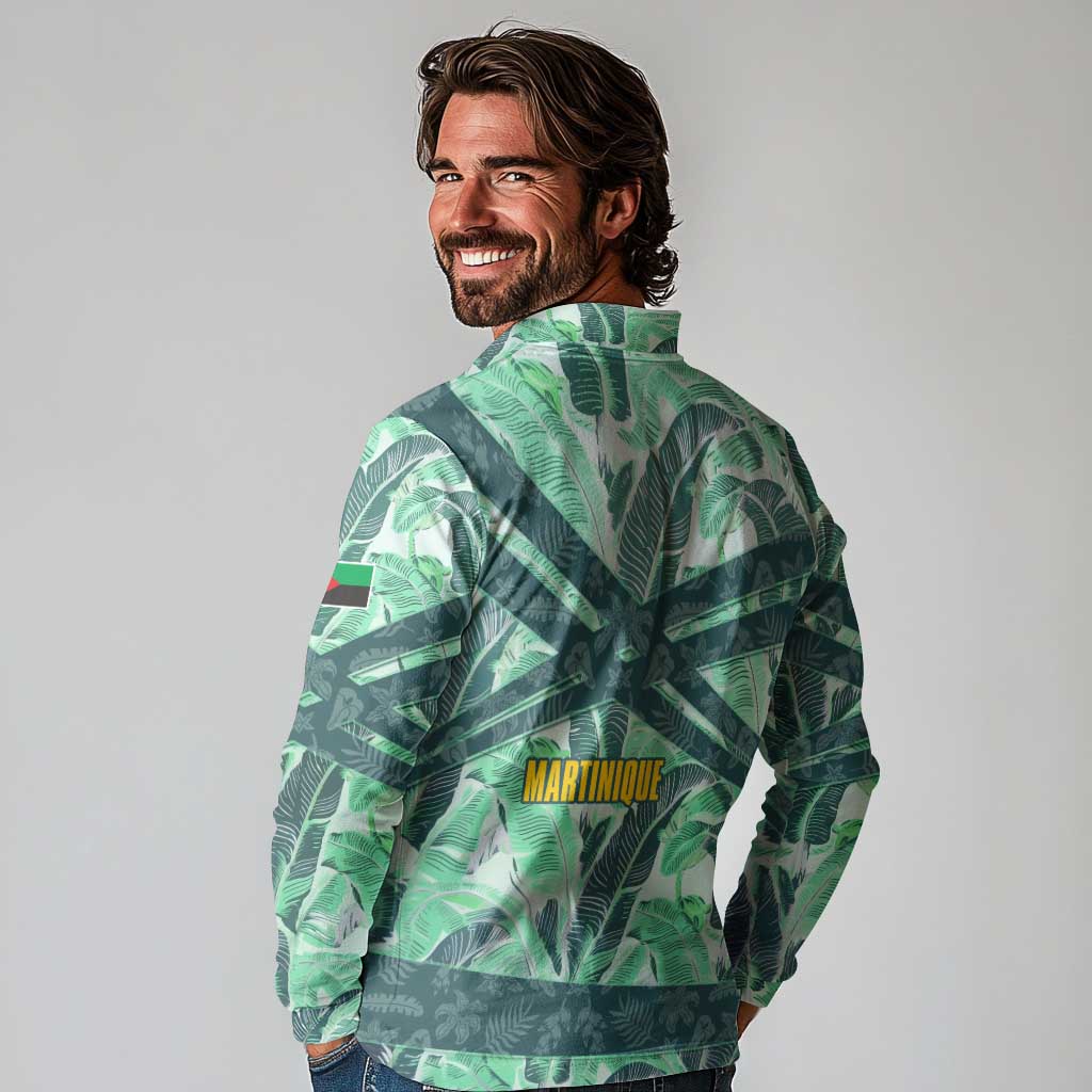 Martinique Pride Long Sleeve Polo Shirt with Green Banana Leaf Print and Flag Patch Accents