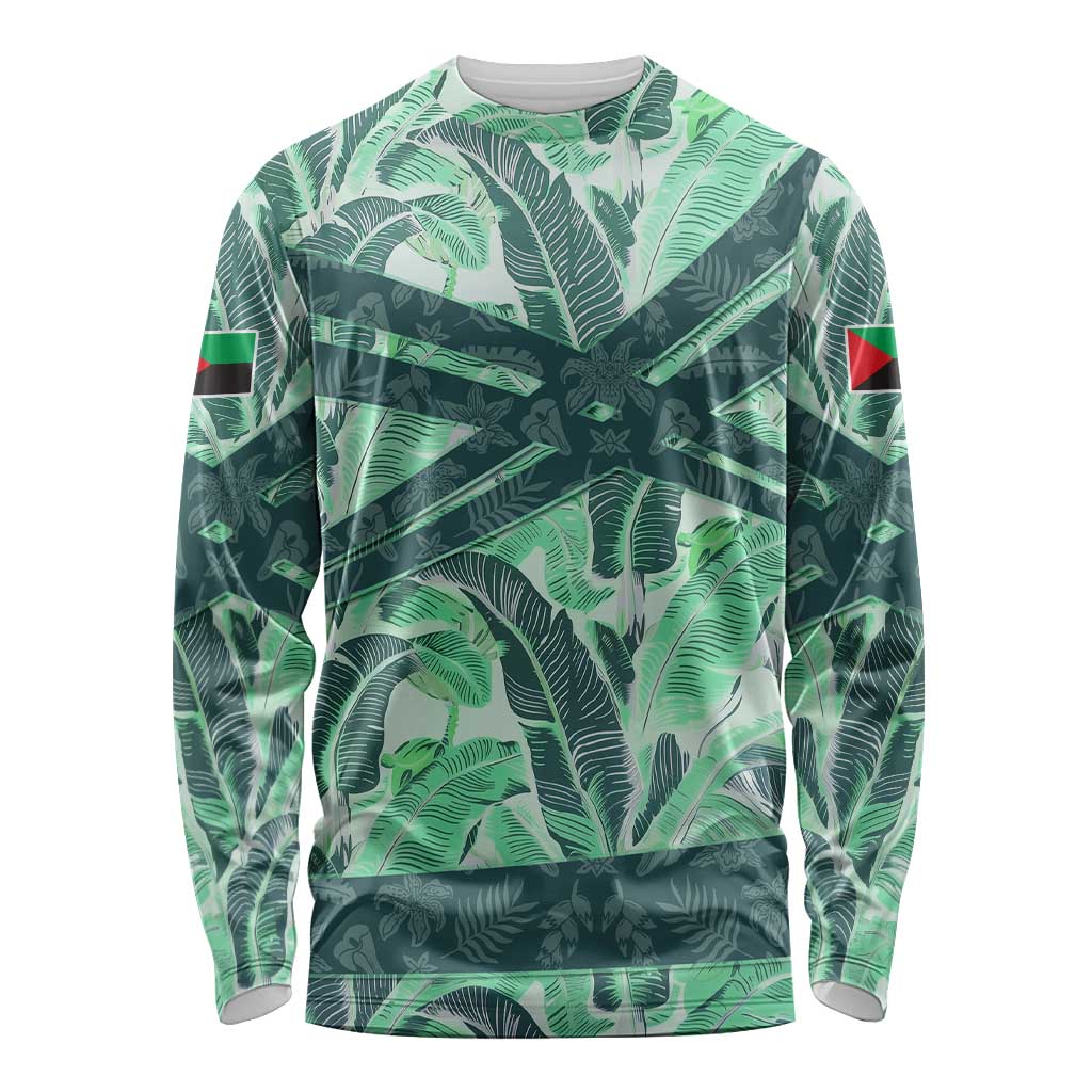 Martinique Pride Long Sleeve Shirt with Green Banana Leaf Print and Flag Patch Accents