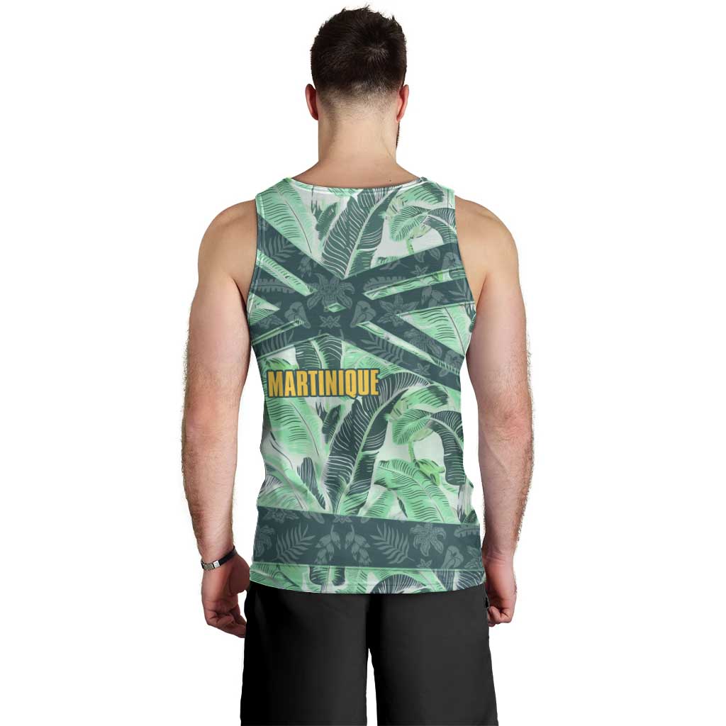 Martinique Pride Men Tank Top with Green Banana Leaf Print and Flag Patch Accents