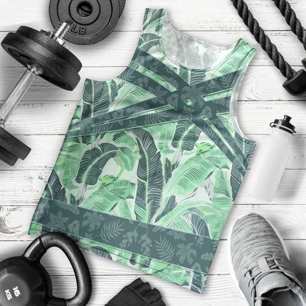 Martinique Pride Men Tank Top with Green Banana Leaf Print and Flag Patch Accents