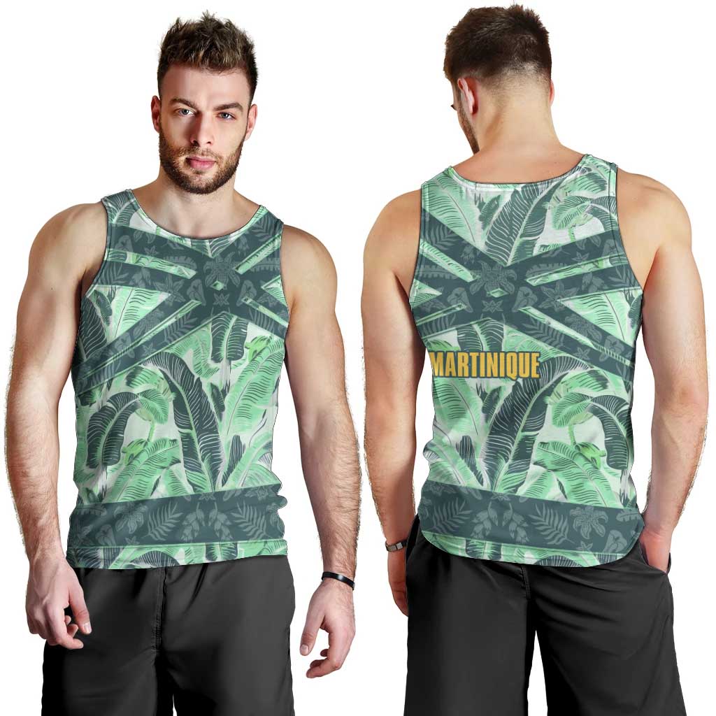 Martinique Pride Men Tank Top with Green Banana Leaf Print and Flag Patch Accents