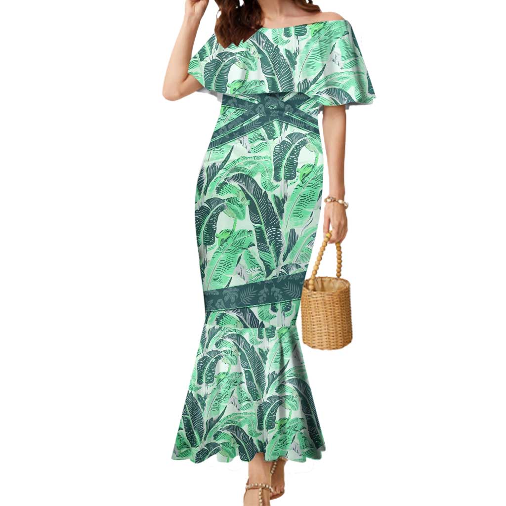 Martinique Pride Mermaid Dress with Green Banana Leaf Print and Flag Patch Accents