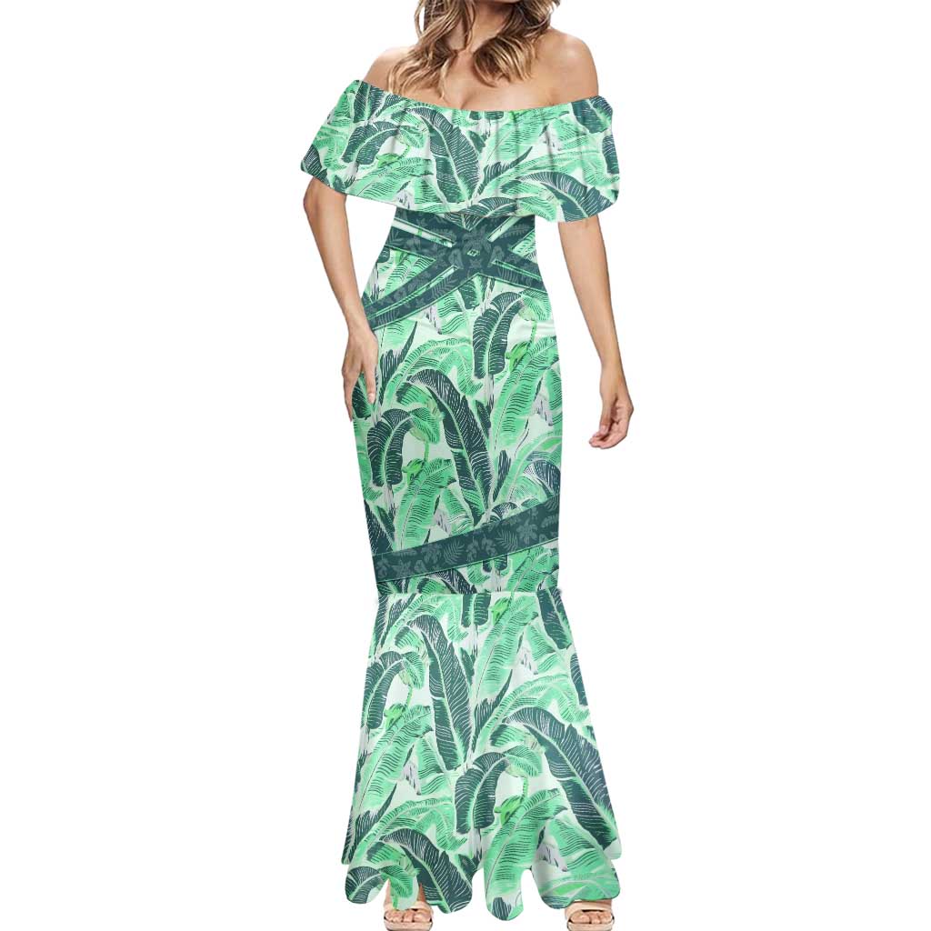 Martinique Pride Mermaid Dress with Green Banana Leaf Print and Flag Patch Accents