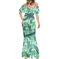 Martinique Pride Mermaid Dress with Green Banana Leaf Print and Flag Patch Accents