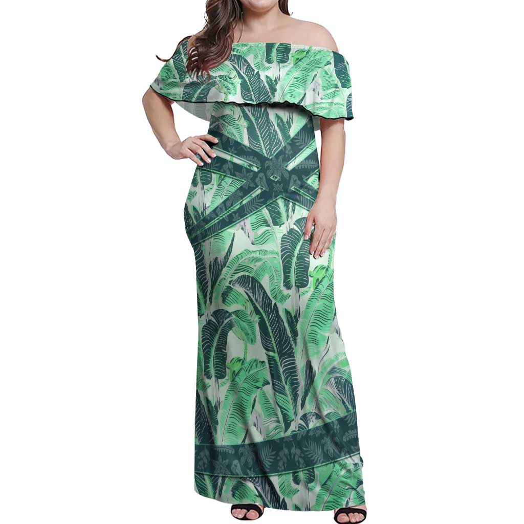 Martinique Pride Off Shoulder Maxi Dress with Green Banana Leaf Print and Flag Patch Accents