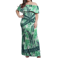 Martinique Pride Off Shoulder Maxi Dress with Green Banana Leaf Print and Flag Patch Accents
