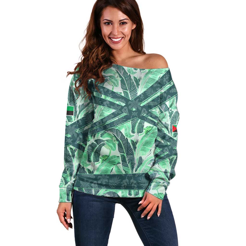 Martinique Pride Off Shoulder Sweater with Green Banana Leaf Print and Flag Patch Accents