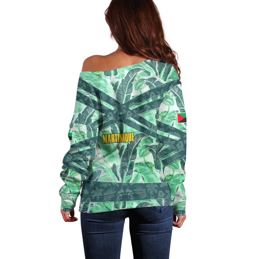Martinique Pride Off Shoulder Sweater with Green Banana Leaf Print and Flag Patch Accents