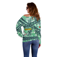 Martinique Pride Off Shoulder Sweater with Green Banana Leaf Print and Flag Patch Accents