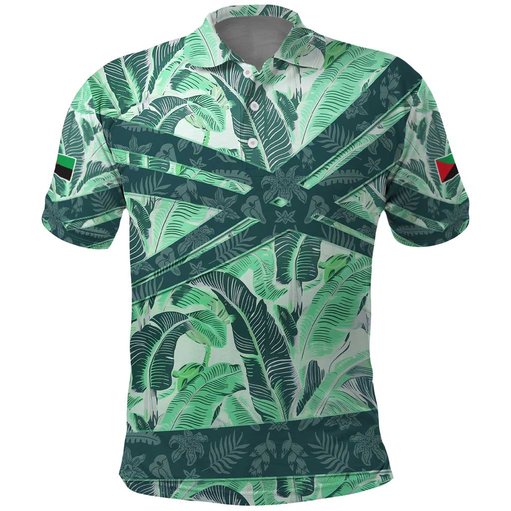 Martinique Pride Polo Shirt with Green Banana Leaf Print and Flag Patch Accents