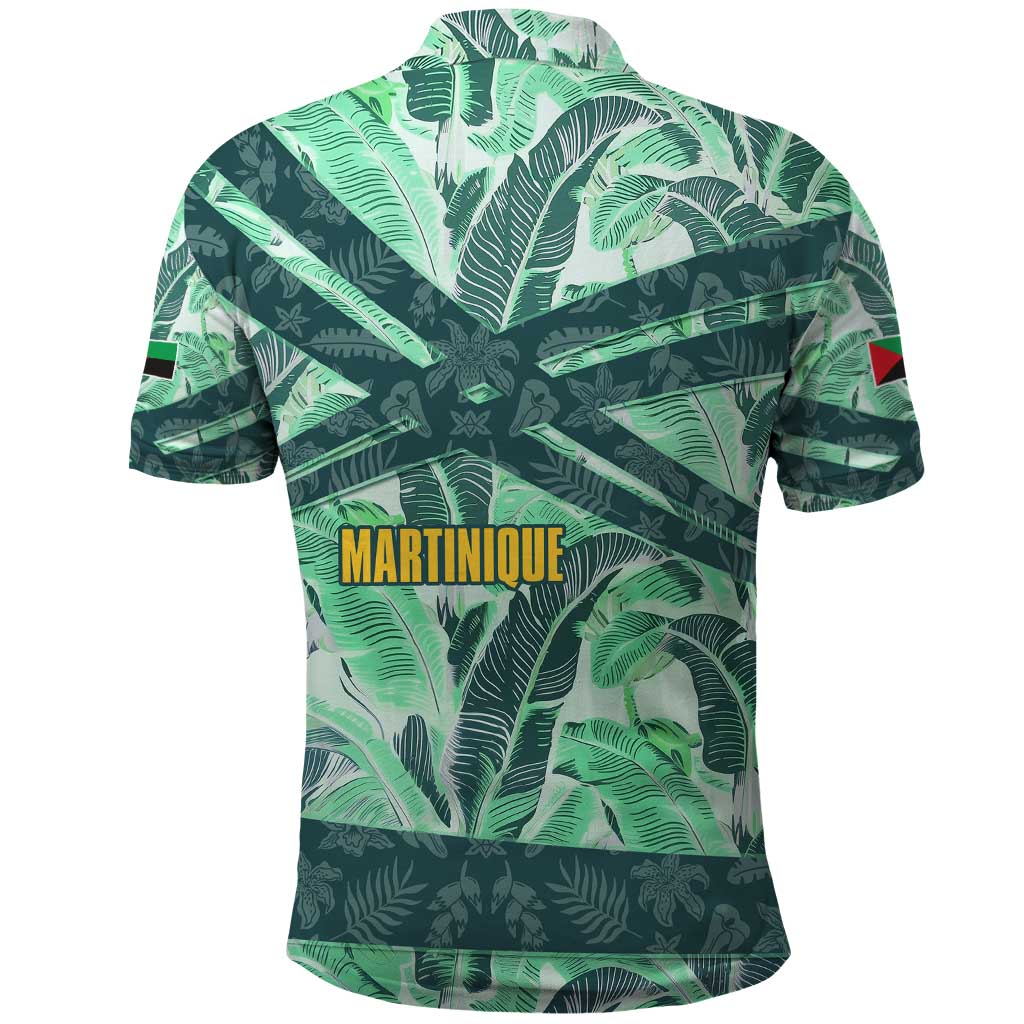 Martinique Pride Polo Shirt with Green Banana Leaf Print and Flag Patch Accents