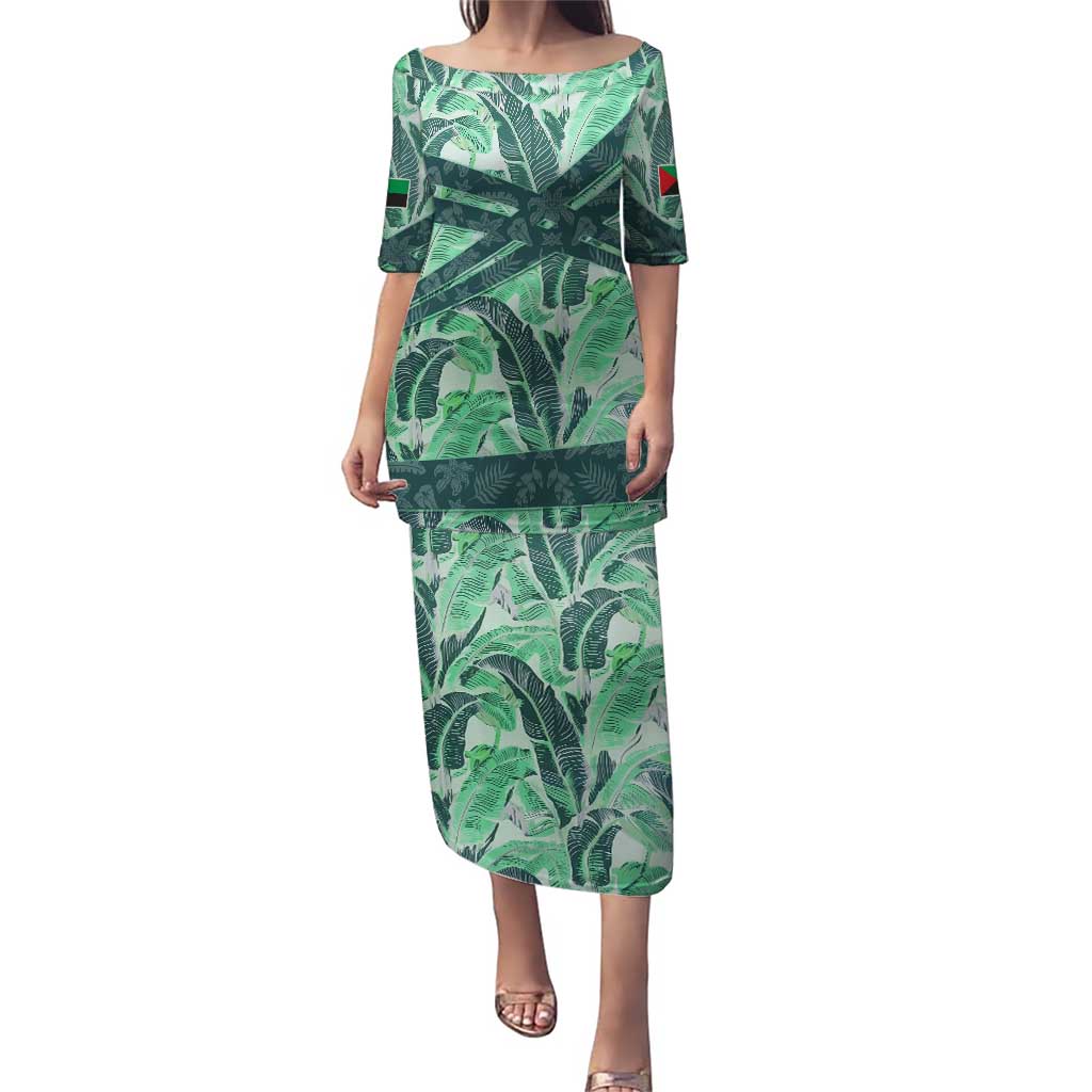 Martinique Pride Puletasi with Green Banana Leaf Print and Flag Patch Accents