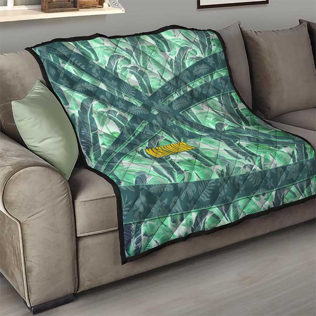 Martinique Pride Quilt with Green Banana Leaf Print and Flag Patch Accents