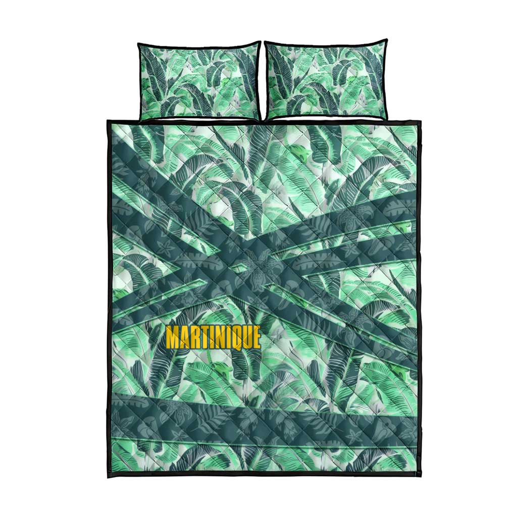 Martinique Pride Quilt Bed Set with Green Banana Leaf Print and Flag Patch Accents