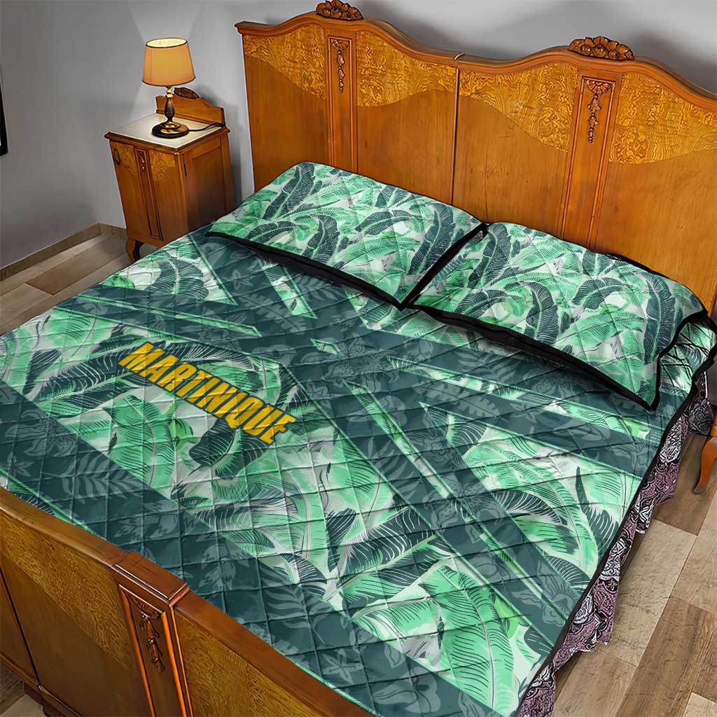 Martinique Pride Quilt Bed Set with Green Banana Leaf Print and Flag Patch Accents