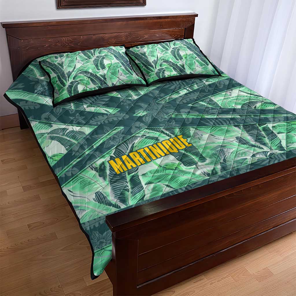 Martinique Pride Quilt Bed Set with Green Banana Leaf Print and Flag Patch Accents