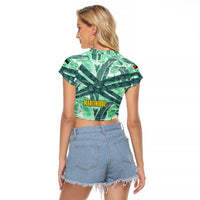 Martinique Pride Raglan Cropped T Shirt with Green Banana Leaf Print and Flag Patch Accents