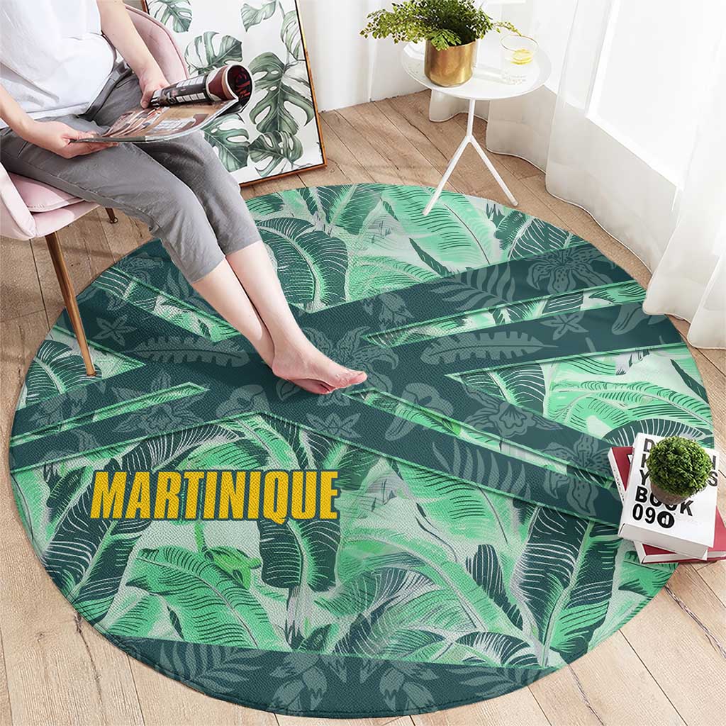 Martinique Pride Round Carpet with Green Banana Leaf Print and Flag Patch Accents