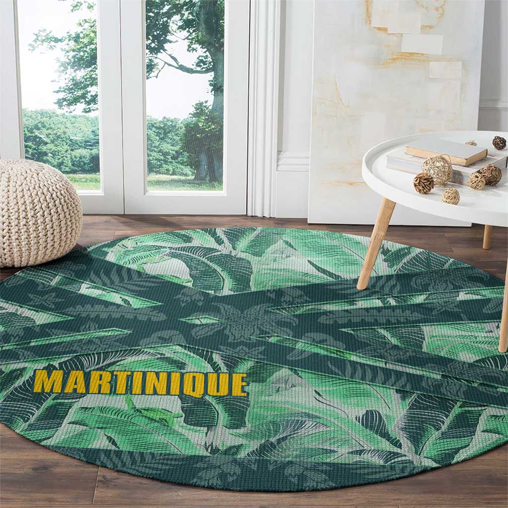 Martinique Pride Round Carpet with Green Banana Leaf Print and Flag Patch Accents