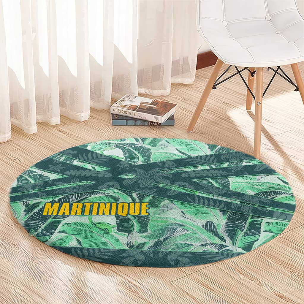 Martinique Pride Round Carpet with Green Banana Leaf Print and Flag Patch Accents