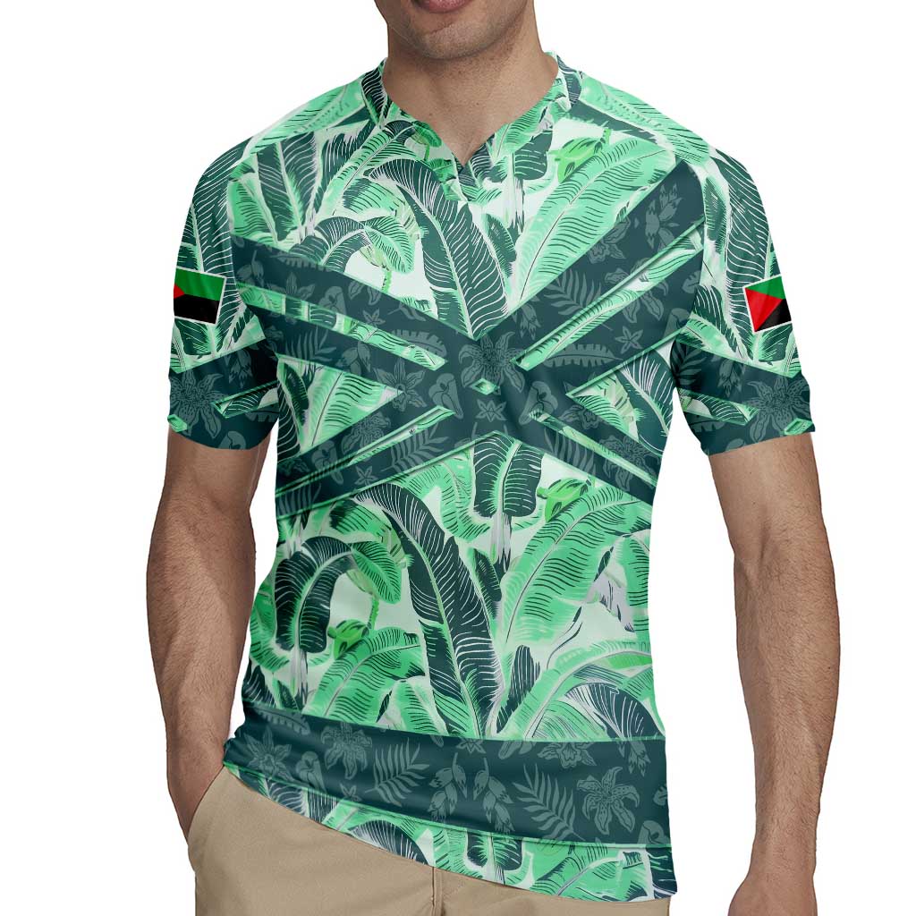 Martinique Pride Rugby Jersey with Green Banana Leaf Print and Flag Patch Accents